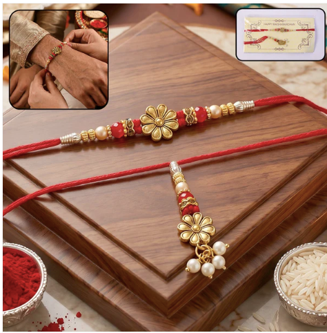 Bhabhi Rakhi – Elegant Floral Pearl Drop Lumba Rakhi for Raksha Bandhan