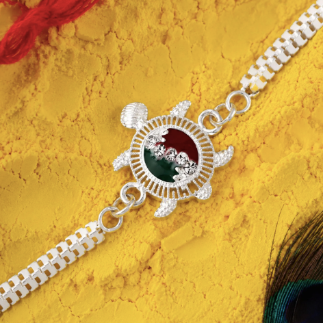 Turtle Rakhi – Silver Chain Rakhi with Red & Green Enamel for Brother