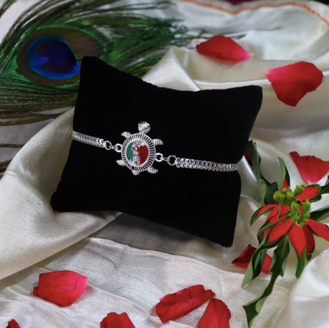Turtle Rakhi – Silver Chain Rakhi with Red & Green Enamel for Brother