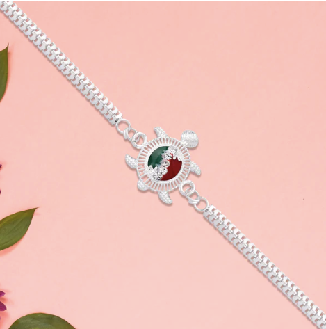 Turtle Rakhi – Silver Chain Rakhi with Red & Green Enamel for Brother