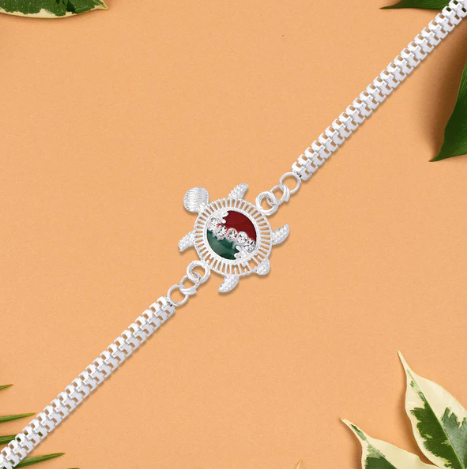 Turtle Rakhi – Silver Chain Rakhi with Red & Green Enamel for Brother