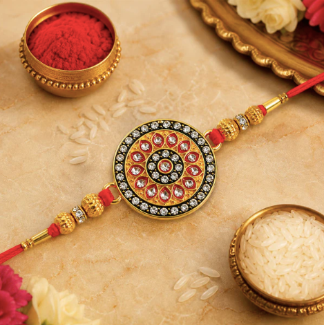 Kundan Rakhi – Royal Golden Designer Rakhi with Enamel Work for Brother