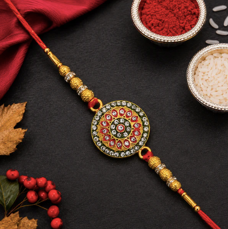 Kundan Rakhi – Royal Golden Designer Rakhi with Enamel Work for Brother