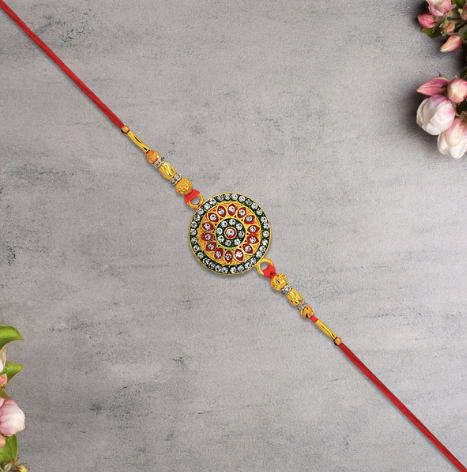 Kundan Rakhi – Royal Golden Designer Rakhi with Enamel Work for Brother