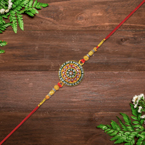 Kundan Rakhi – Royal Golden Designer Rakhi with Enamel Work for Brother