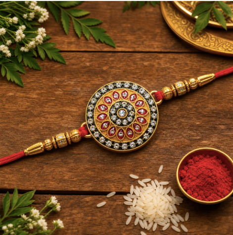 Royal Designer Kundan Rakhi – Premium Golden Beads & Enamel Rakhi for Brother