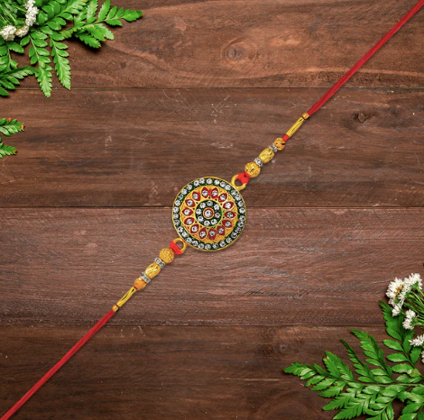 Royal Designer Kundan Rakhi – Premium Golden Beads & Enamel Rakhi for Brother