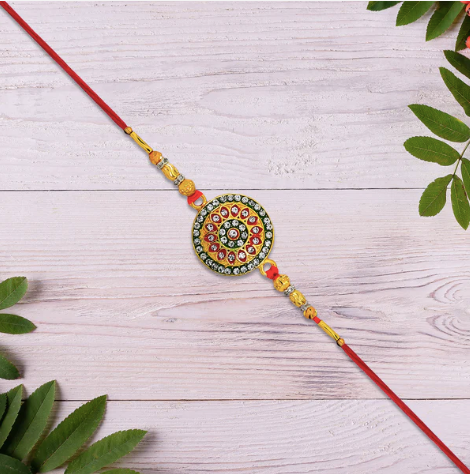 Royal Designer Kundan Rakhi – Premium Golden Beads & Enamel Rakhi for Brother