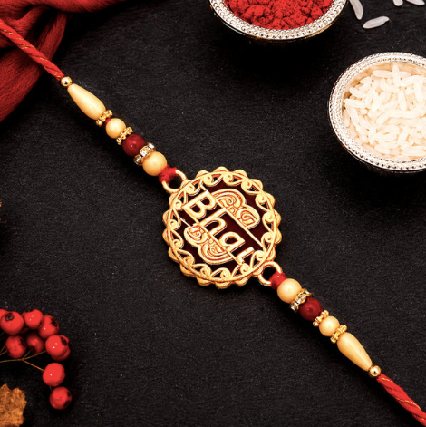 Traditional Bhai Rakhi with Golden Beads – Designer Rakhi for Brother