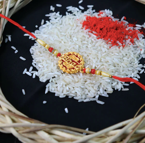 Traditional Bhai Rakhi with Golden Beads – Designer Rakhi for Brother