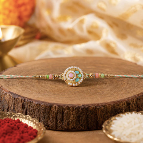 Pastel Pearl Designer Rakhi for Brother – Elegant Beaded Raksha Bandhan Thread
