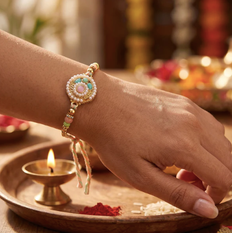 Pastel Pearl Designer Rakhi for Brother – Elegant Beaded Raksha Bandhan Thread