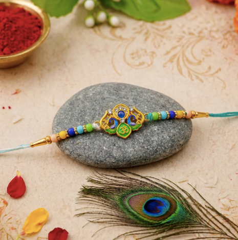 Traditional Beaded Rakhi for Brother – Colorful Beads with Yellow Sacred Thread