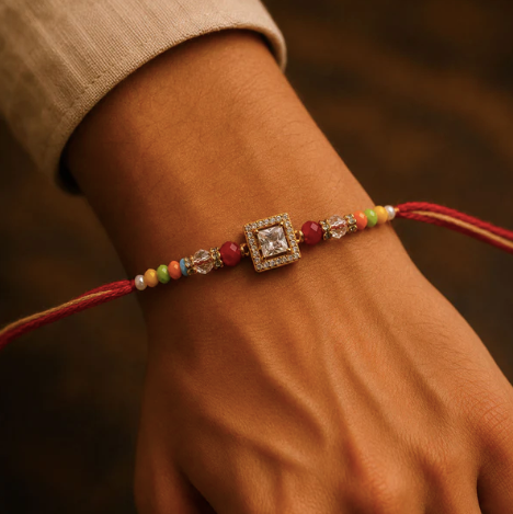 Multicolour Crystal Solitaire Designer Rakhi for Brother – Premium AD Stone Raksha Bandhan Rakhi