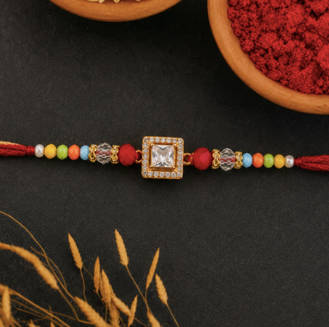 Multicolour Crystal Solitaire Designer Rakhi for Brother – Premium AD Stone Raksha Bandhan Rakhi