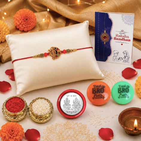 Rakhi Gift Set for Brother with Roli Chawal – Silver Designer Rakhi Combo | Raksha Bandhan Special
