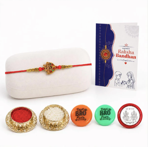 Rakhi Gift Set for Brother with Roli Chawal – Silver Designer Rakhi Combo | Raksha Bandhan Special