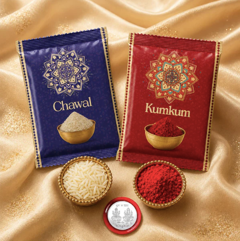 Rakhi Gift Set for Brother with Roli Chawal – Silver Designer Rakhi Combo | Raksha Bandhan Special
