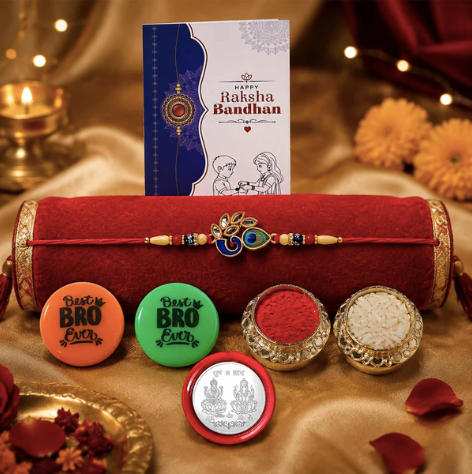 Silver Designer Rakhi Gift Set with Roli Chawal for Brother | Premium Raksha Bandhan Combo