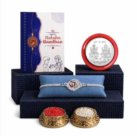 7 Color Designer Rakhi Gift Combo with Pooja Coin & Tilak Set (Pack of 4) | Raksha Bandhan