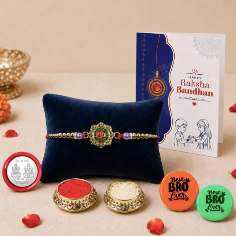 OM Designer Rakhi Gift Combo with Chocolate & Pooja Essentials | Raksha Bandhan