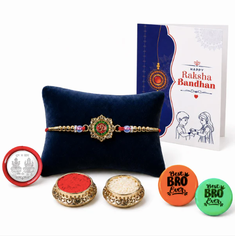 OM Designer Rakhi Gift Combo with Chocolate & Pooja Essentials | Raksha Bandhan