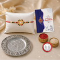 Flower Designer Rakhi Gift Hamper with Silver Pooja Thali | Raksha Bandhan