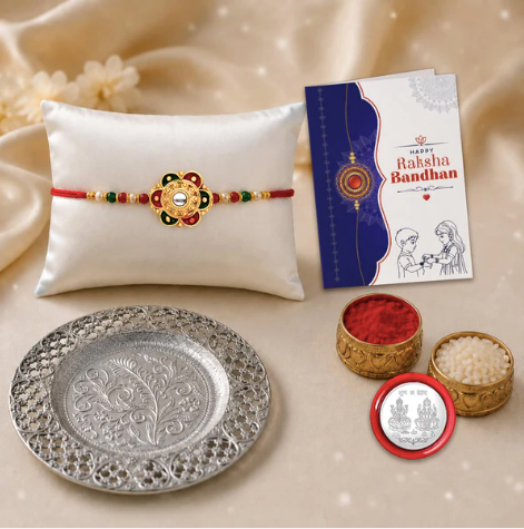 Flower Designer Rakhi Gift Hamper with Silver Pooja Thali | Raksha Bandhan
