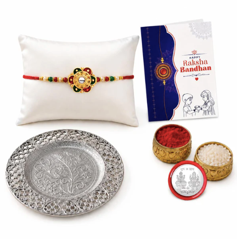 Flower Designer Rakhi Gift Hamper with Silver Pooja Thali | Raksha Bandhan