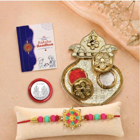 Floral Bracelet Rakhi Gift Combo with Kalash Pooja Thali | Raksha Bandhan