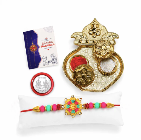 Floral Bracelet Rakhi Gift Combo with Kalash Pooja Thali | Raksha Bandhan