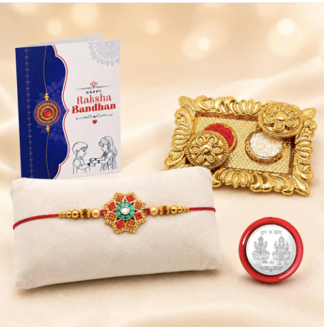 Designer Rakhi Gift Combo with Chocolate & Rectangular Pooja Thali | Raksha Bandhan