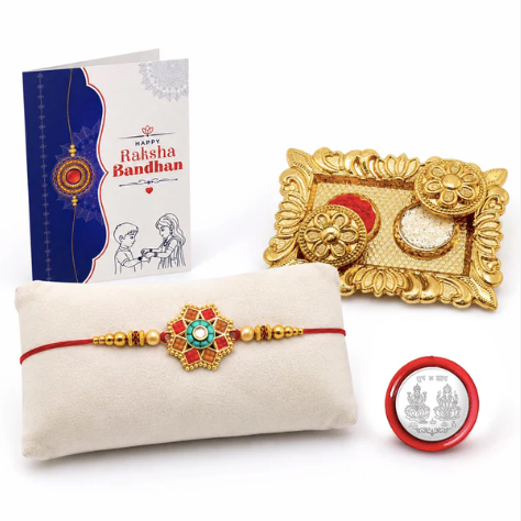 Designer Rakhi Gift Combo with Chocolate & Rectangular Pooja Thali | Raksha Bandhan