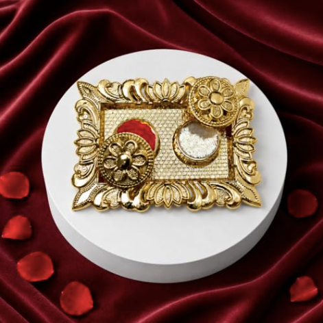 Designer Rakhi Gift Combo with Chocolate & Rectangular Pooja Thali | Raksha Bandhan