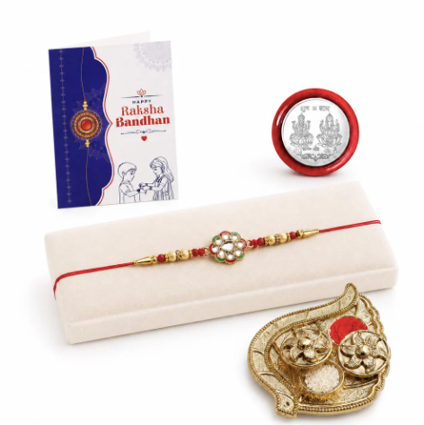 Designer Rakhi Gift Combo with Chocolate & Leaf Design Pooja Thali | Raksha Bandhan