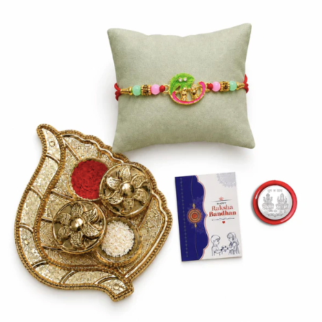 Krishna Bansuri Rakhi Gift Combo with Leaf Design Pooja Thali | Raksha Bandhan