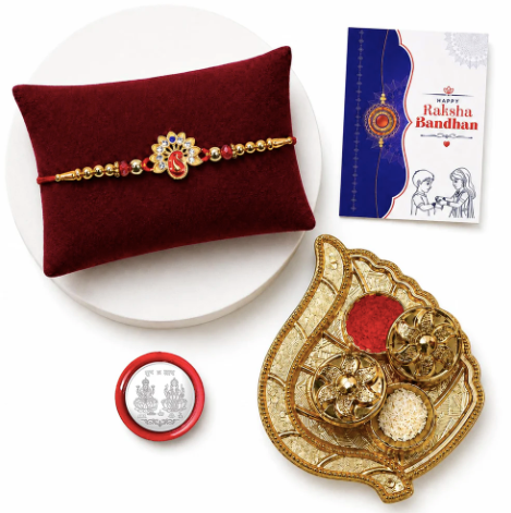 Peacock Rakhi Gift Combo with Leaf Design Pooja Thali | Raksha Bandhan