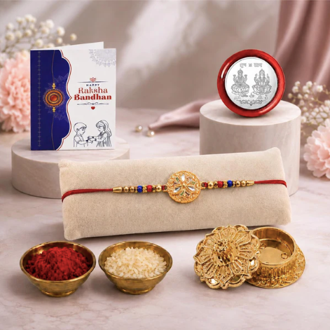 Round Rakhi Gift Combo with Golden Pooja Kankavati | Raksha Bandhan