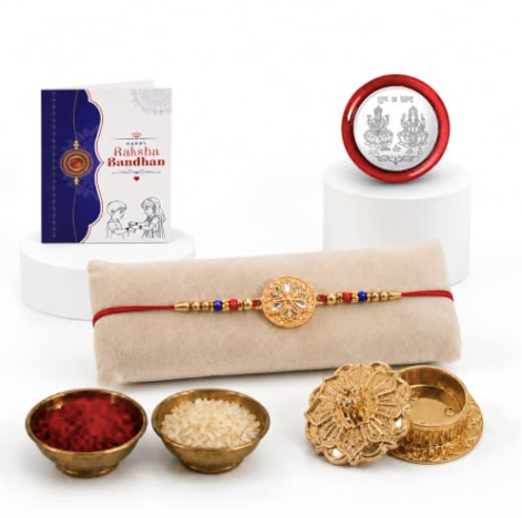 Round Rakhi Gift Combo with Golden Pooja Kankavati | Raksha Bandhan