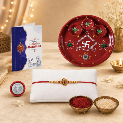OM Ganesha Rakhi Gift Combo with Decorated Pooja Thali | Raksha Bandhan