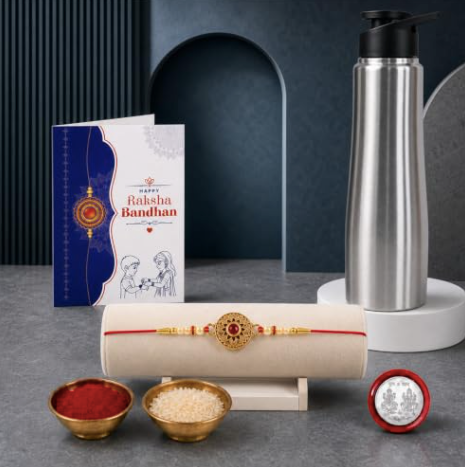 Round Rakhi Gift Combo with Stainless Steel Water Bottle 1000ml | Raksha Bandhan