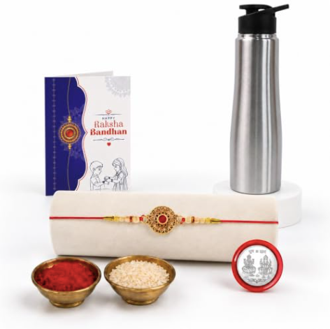 Round Rakhi Gift Combo with Stainless Steel Water Bottle 1000ml | Raksha Bandhan