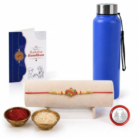 Flower Rakhi Gift Combo with Stainless Steel Water Bottle 1000ml | Raksha Bandhan