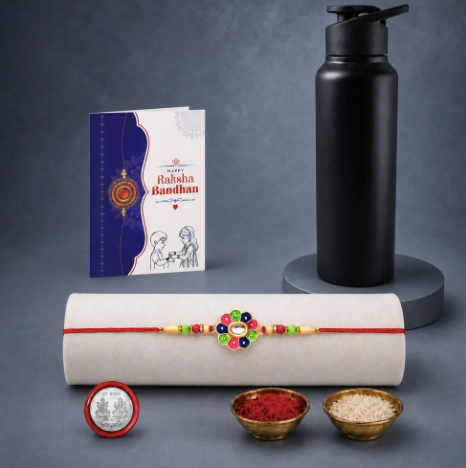 Flower Rakhi Gift Combo with Sports Bottle 1000ml | Raksha Bandhan