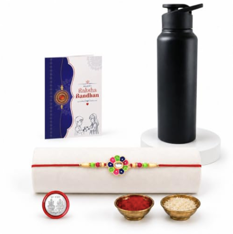 Flower Rakhi Gift Combo with Sports Bottle 1000ml | Raksha Bandhan